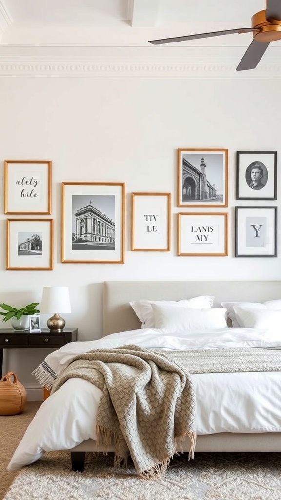 A cozy bedroom featuring a wall of personalized artwork displays in various frames.