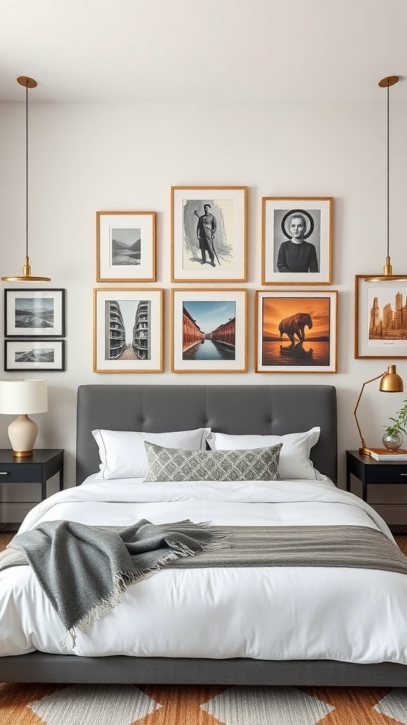 A modern bedroom featuring a gallery wall of personalized artwork above a stylish bed.