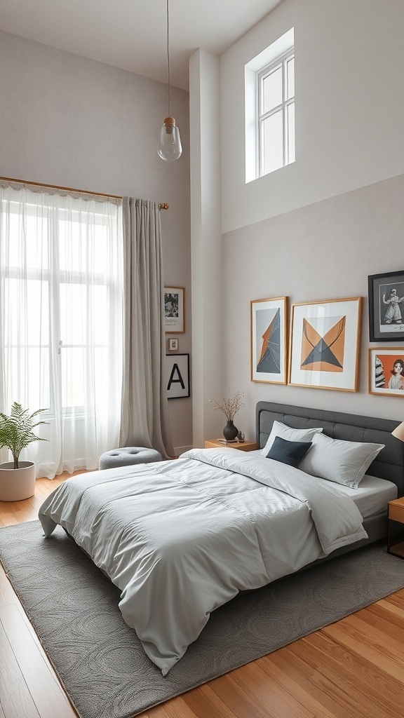 A stylish bedroom featuring personalized artwork displays, soft bedding, and natural light.