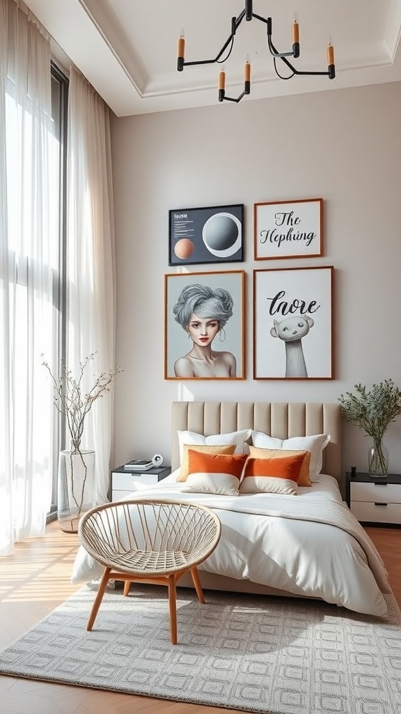 A stylish bedroom with personalized artwork on the wall, featuring a mix of illustrations and typography.