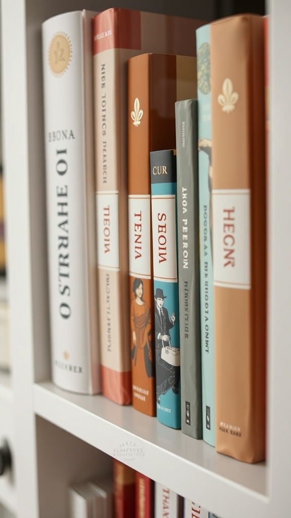 A bookshelf filled with various books, showcasing a neat and organized collection.