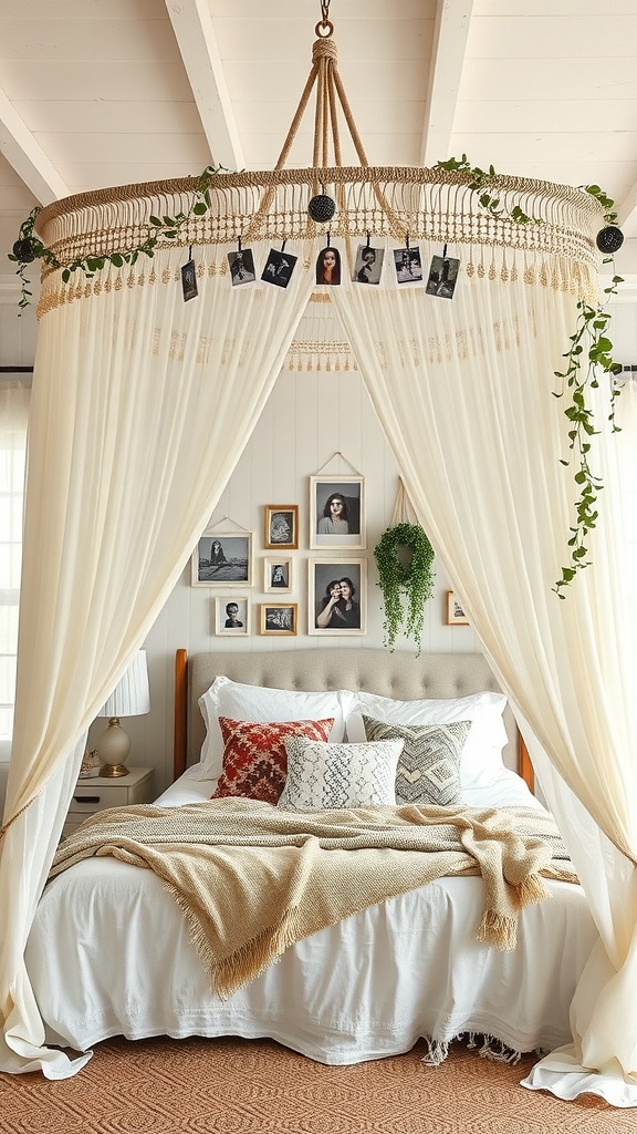 A cozy bedroom with a personalized canopy featuring photos and greenery.