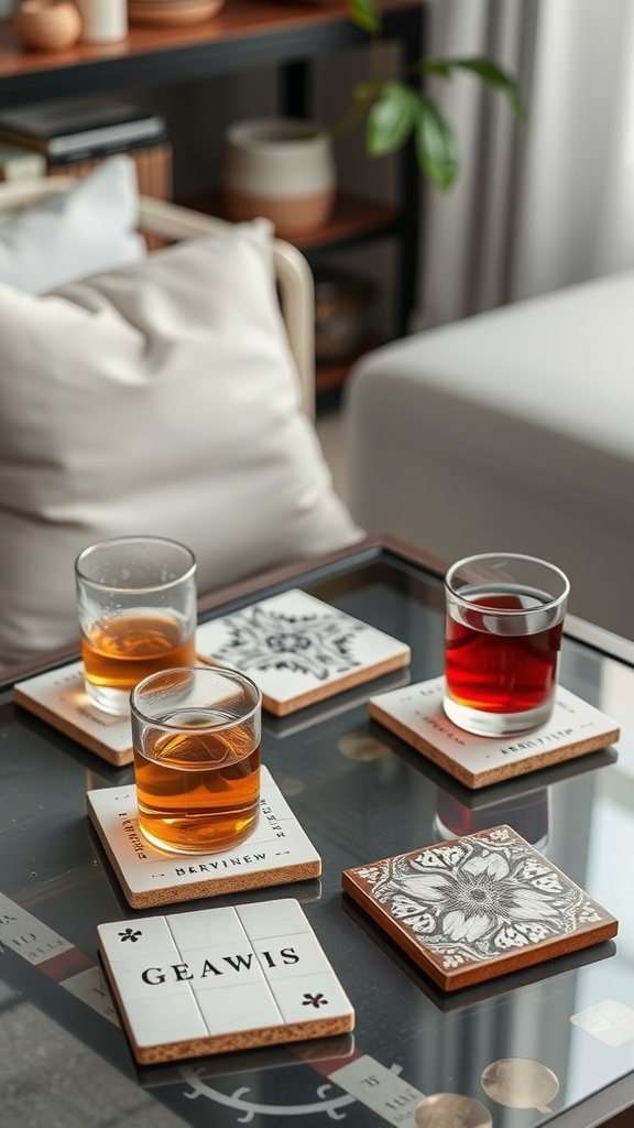 A set of personalized coasters made from tiles, featuring various designs and drinks on top.