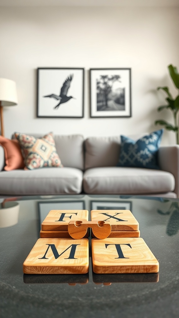 A set of personalized wooden coasters with letters on them, placed on a coffee table.