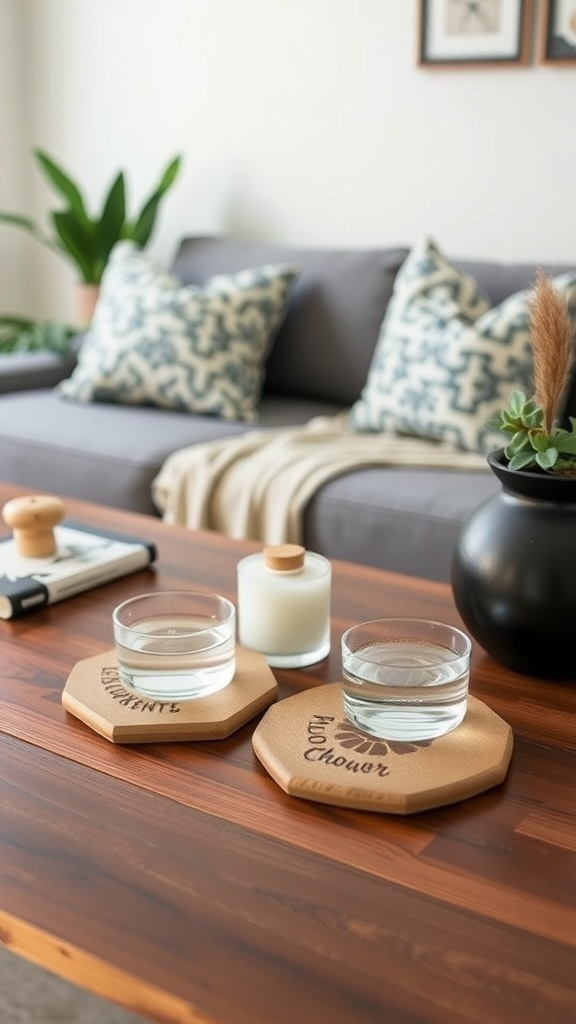 Personalized coasters on a wooden table with glasses and a candle in a cozy living room setting.
