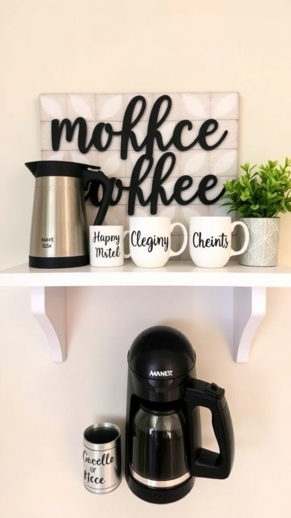A cozy coffee bar display featuring personalized mugs, a coffee maker, and a decorative plant.