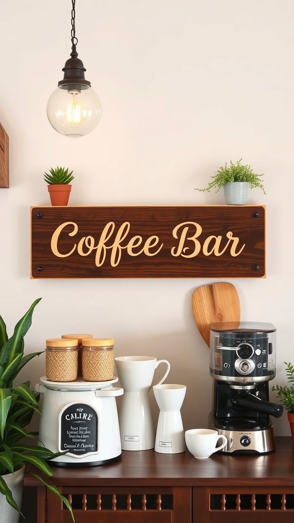 A cozy coffee bar setup featuring a wooden sign that reads 'Coffee Bar', with coffee-making equipment and plants.