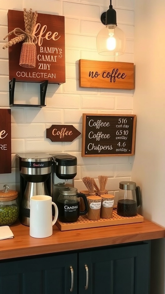 A cozy coffee station with personalized wooden signs, coffee maker, and various coffee supplies.