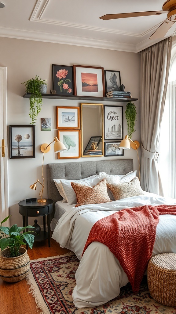 A cozy and stylish bedroom featuring a gray bed with decorative pillows, a warm throw, framed artwork on the wall, and a potted plant.