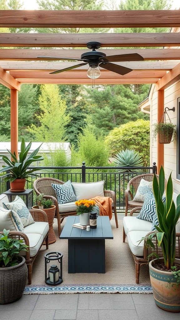 Cozy patio with comfortable seating, plants, and decorative accents.