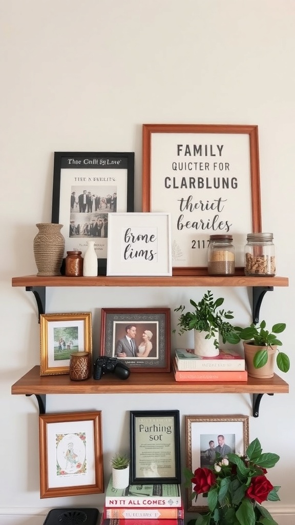 A cozy shelf displaying personalized decor elements, including a deer head, pottery, framed photos, and quotes.