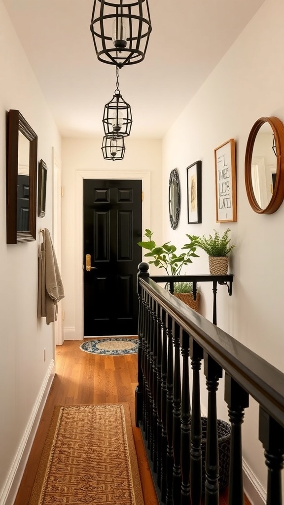 A stylish hallway with a black bannister, wooden floor, hanging lanterns, framed art, mirrors, and a potted plant.
