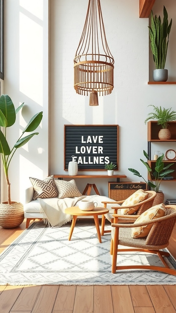 A cozy modern boho living space featuring a rattan chandelier, letter board, plants, and comfortable seating.