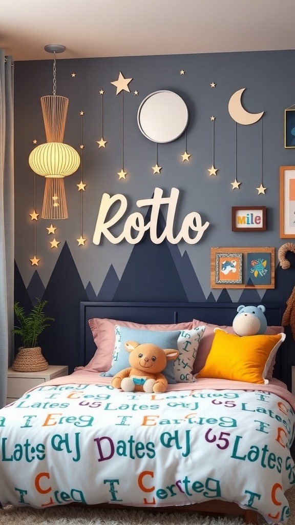 A cozy kids bedroom with personalized decor, featuring a name sign, colorful bedding, and whimsical star and moon decorations.