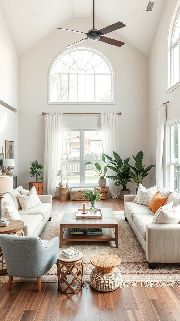 A cozy Southern living room with light-colored sofas, a wooden coffee table, plants, and large windows.