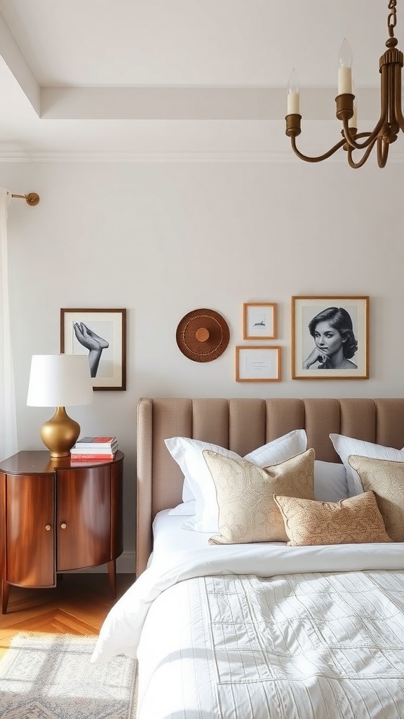 A cozy bedroom with personalized decor items, featuring framed artwork, elegant pillows, and a stylish bedside table.