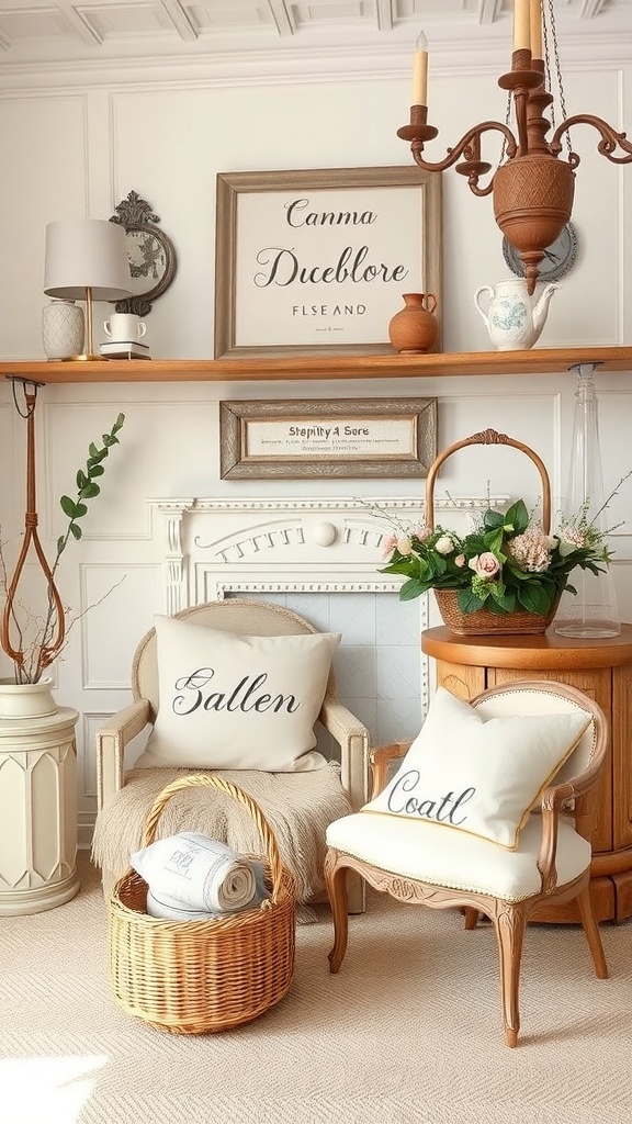 Cozy living room with personalized decor, featuring custom pillows and vintage charm.