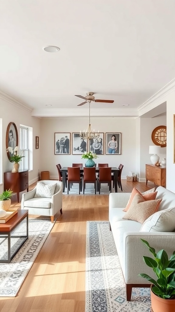 Open concept living and dining room with personalized decor elements.