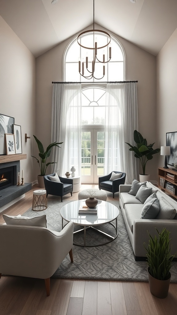 A stylish open concept living room with high ceilings, large windows, and modern furniture, featuring plants and decorative touches.