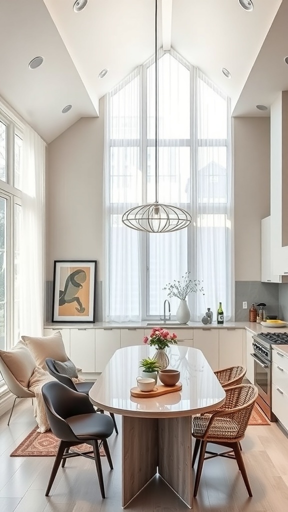 Modern luxury kitchen with large windows, stylish furniture, and personalized decor