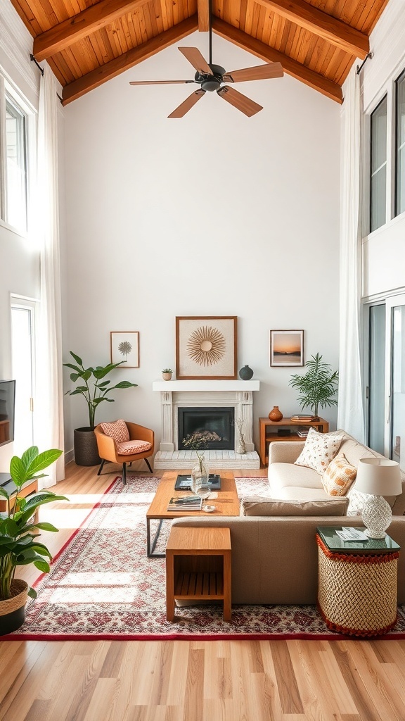 Cozy boho and eclectic living room with wooden ceiling, plants, and stylish furniture.