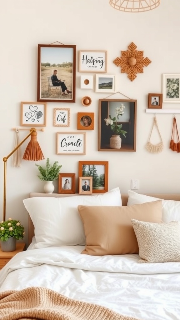 A stylish bedroom with personalized decor including framed photos and decorative elements.