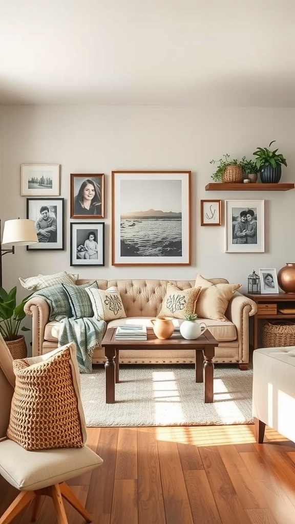 Cozy living room with personalized decor including family photos and plants.