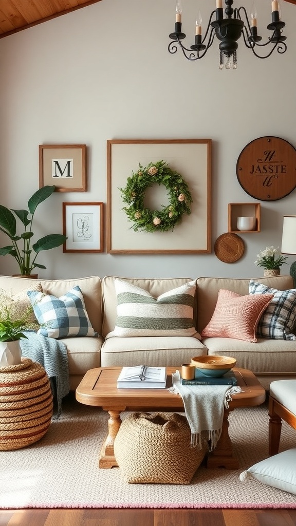 Cozy farmhouse living room with personalized decor, featuring a wreath, framed art, and textured pillows.