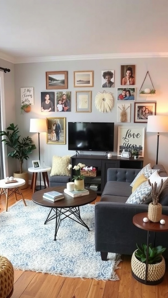 A cozy living room featuring a gallery wall with framed photos and art, plants, and comfortable furniture.