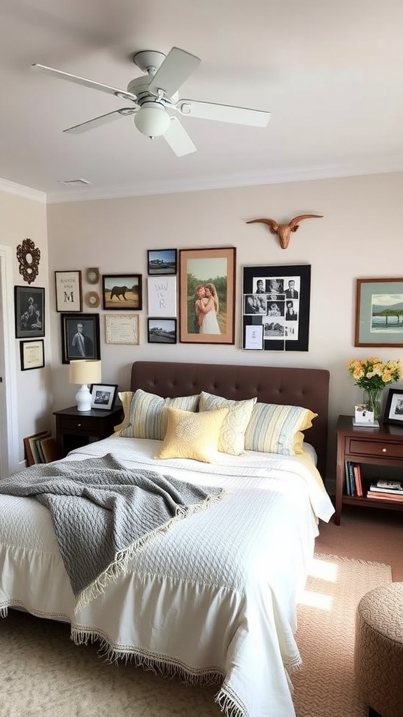 Cozy bedroom with personalized decor, featuring wall art, layered bedding, and decorative items.