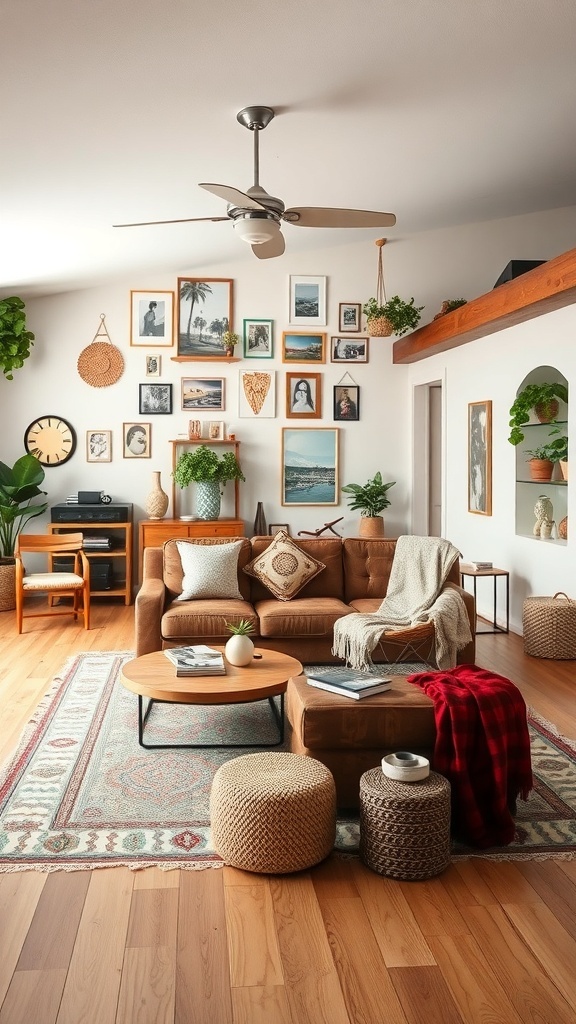 A cozy living room featuring a gallery wall, brown sofa, potted plants, and a patterned rug.