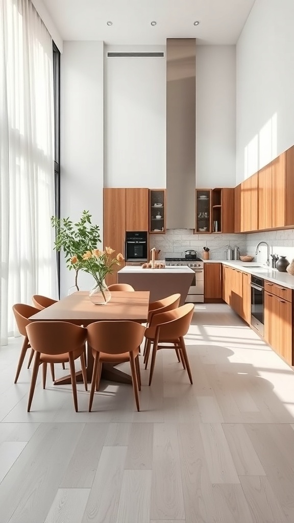 Modern kitchen featuring a wooden dining table with chairs, large windows, and stylish cabinetry.