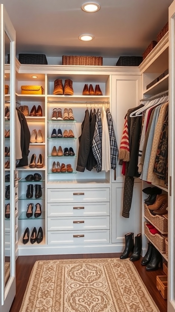 A well-organized walk-in closet featuring shoes on glass shelves, neatly hung clothes, and decorative baskets.