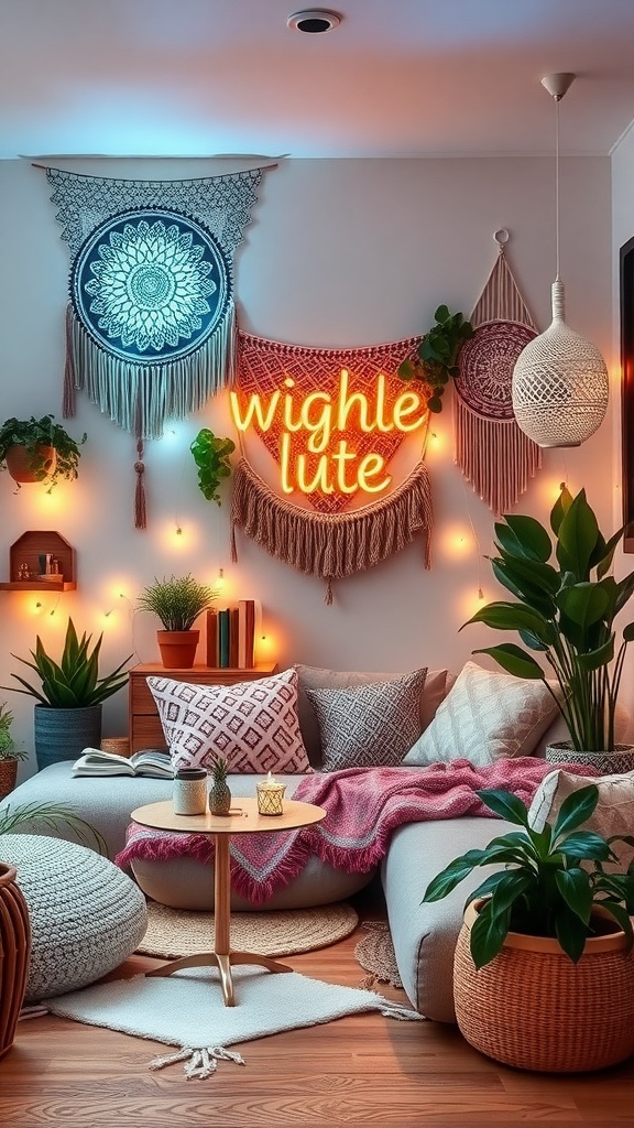 A cozy hippie room with wall hangings, plants, and a neon sign
