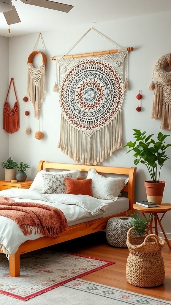A cozy bedroom featuring macramé wall hangings, earthy tones, and a warm atmosphere.
