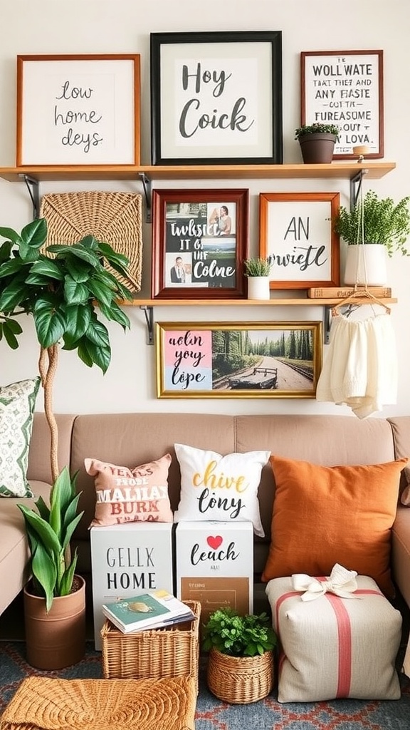 A cozy living room with personalized decor items including framed quotes, throw pillows, and plants.