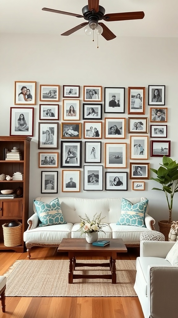 A cozy living room with a wall of framed black-and-white family photos, a white sofa, and a wooden coffee table.