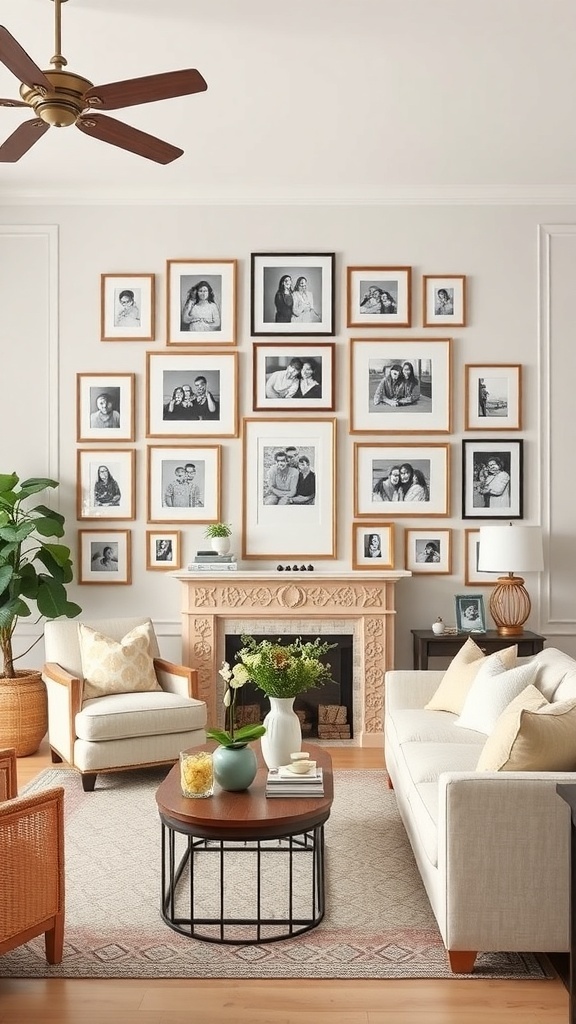 A cozy living room featuring a gallery wall of black-and-white family photos in various frames.