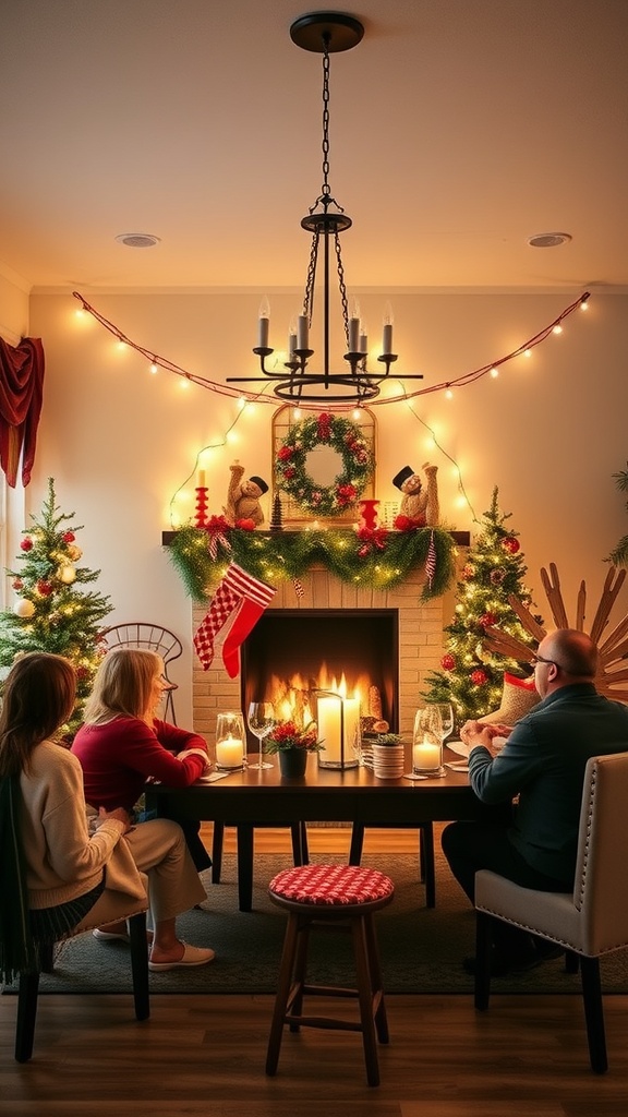 A cozy holiday setting with a family gathered around a table, decorated with festive lights and a warm fireplace.