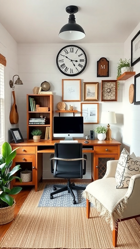 A cozy home office with personalized farmhouse decor, featuring a wooden desk, framed pictures, and a plant.