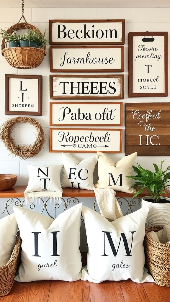 A cozy farmhouse style decor featuring wooden signs and decorative pillows.