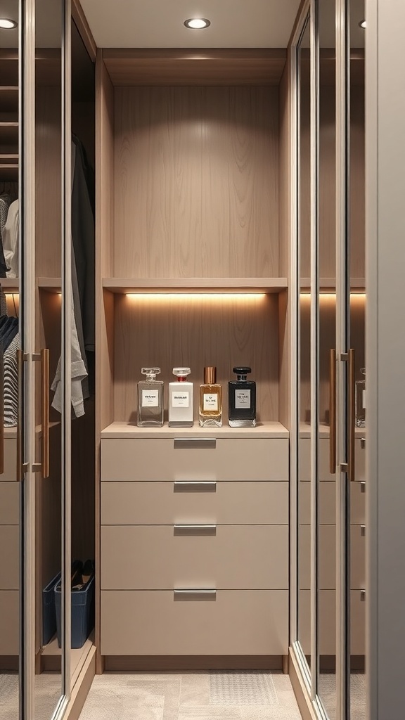 A stylish walk-in closet featuring a personalized fragrance corner with neatly arranged perfume bottles and storage drawers.