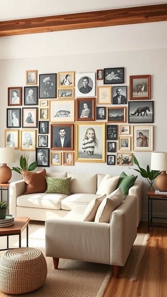 A cozy living room featuring a personalized gallery wall with various framed pictures, plants, and a comfortable sofa.