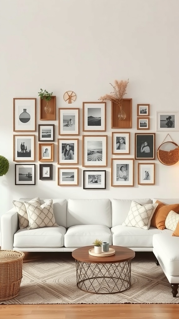 A cozy living room featuring a personalized gallery wall with various framed photos and decor.