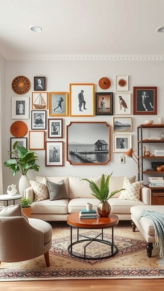 A cozy living room featuring a personalized gallery wall with various framed photos and art pieces, complemented by plants and stylish furniture.