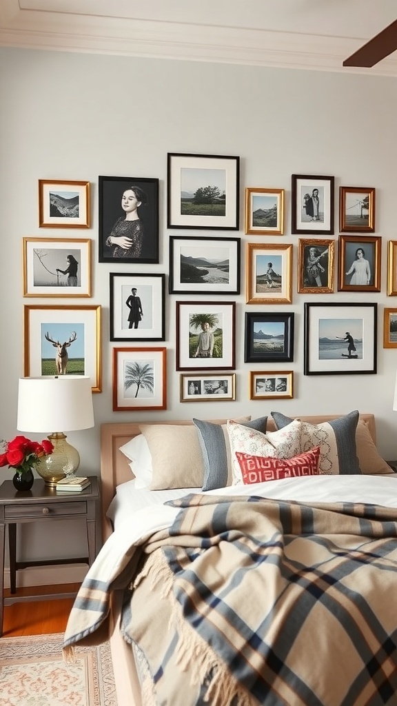 A cozy bedroom featuring a personalized gallery wall with various framed photos and artwork.