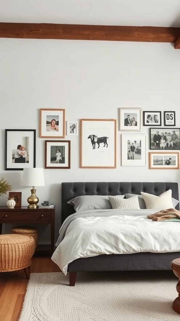 A cozy bedroom with a personalized gallery wall featuring framed photos and art.