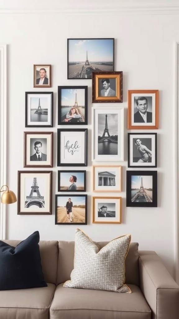 A personalized gallery wall with various framed photos and art pieces.