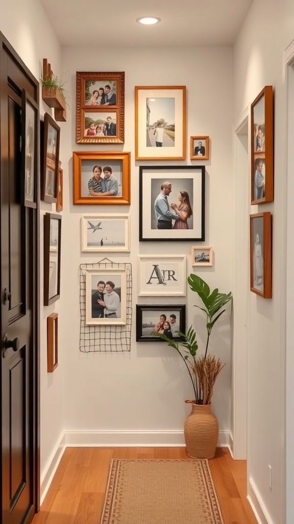 A cozy hallway featuring a personalized gallery wall with various framed photos and a plant.