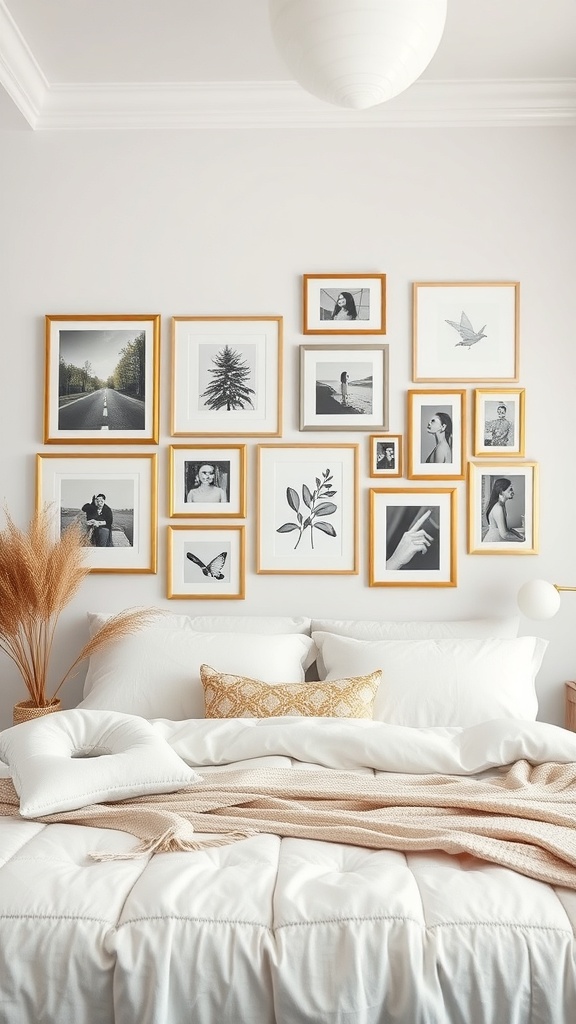 A cozy bedroom featuring a gallery wall with various framed black and white photos and art pieces.